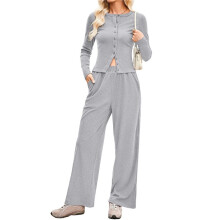 Ensemble 2 Pièces pour Femme, Pantalon Évasé à Rabat, Haut en Tricot à Manches Longues, Tenue Décontractée, Survêtement Assorti Gris Clair S