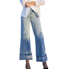 Jeans pour Femme Taille Haute Extensible avec Ourlet Roulé et Perles, Jambes Larges Bleu Clair XL