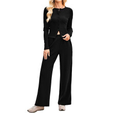 Ensemble 2 Pièces pour Femme, Pantalon Évasé à Rabat, Haut en Tricot à Manches Longues, Tenue Décontractée, Survêtement Assorti Noir XL