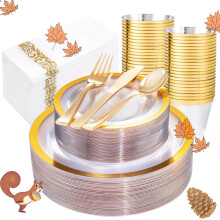 175PCS Gold Rim Disposable Plastic Dinnerware Set for 25 Guests, Elegant Clear Gold Tableware for Party and Wedding
