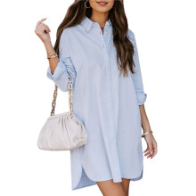 Vestidos Casuales Holgados de Manga Larga con Rayas Lisas y Botones para Mujer Azul XXL