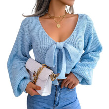 Suéter de Punto Acanalado con Lazo y Manga Larga para Mujer, Top Corto con Cuello en V para Otoño e Invierno. Azul M
