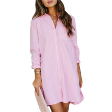 Vestidos Casuales Holgados de Manga Larga con Rayas Lisas y Botones para Mujer Rosa XXL