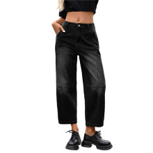 Jeans Femme Jambe Large Vintage Taille Mi-Haute Années Y2K, Pantalon Baggy Boyfriend en Denim à la Cheville Noir Gris M