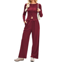 Ensemble 2 Pièces pour Femme, Pantalon Évasé à Rabat, Haut en Tricot à Manches Longues, Tenue Décontractée, Survêtement Assorti Vin Rouge S