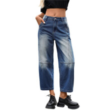 Jeans Femme Jambe Large Vintage Taille Mi-Haute Années Y2K, Pantalon Baggy Boyfriend en Denim à la Cheville Bleu S