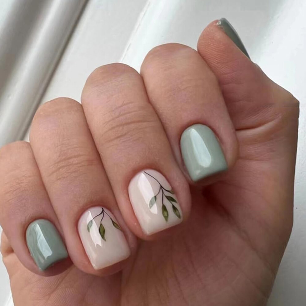 Glossy Resin Press On Nails Green Leaf Design Fake Nails Long Lasting Easy Application for Stage