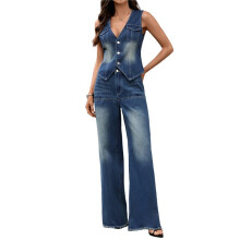 Conjunto de Mezclilla para Mujer, 2 Piezas, Escote en V, Sin Mangas, Pantalones Vaqueros de Pierna Ancha, Chaleco, Chaleco Vaquero. Azul M