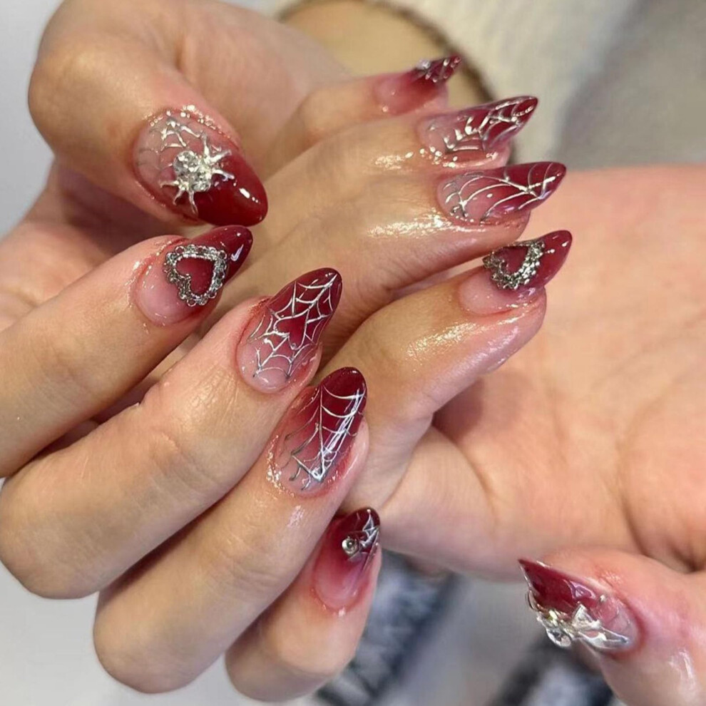 Red Gradient Almond Press On Nails Set With 3D Spider Heart And Rhinestones, Salonquality Reusable Design