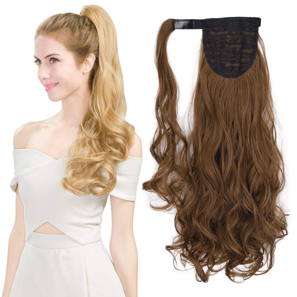 24 Inch Chocolate Brown Clip In Ponytail Extension Long Curly Kinky Hair with Natural Wavy Finish