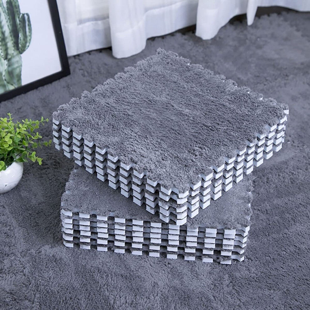 Interlocking Carpet Shaggy Soft Foam Play Mat, 12Pcs, Grey