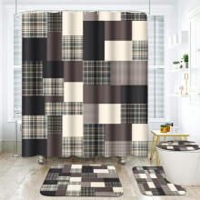 Buffalo Plaid Shower Curtain and Rugs, 4‑Piece Bathroom Decor Set, Green Brown Beige Geometric Patchwork