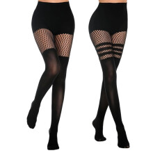 Dameskousen met jarretels, ondoorzichtige netstof, 2 paar zwarte ondoorzichtige panty's tot halverwege de dij, panty's met kanten patroon/mode