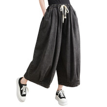 Pantaloni in denim a gamba larga da donna, jeans larghi con elastico in vita e coulisse e tasche laterali, vestibilità ampia, vita alta e design