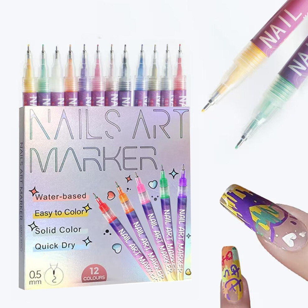 3D Nail Art Pen Set 12 Colors â Fine Tip Precision, QuickDrying Waterproof Pens for DIY Nail Painting