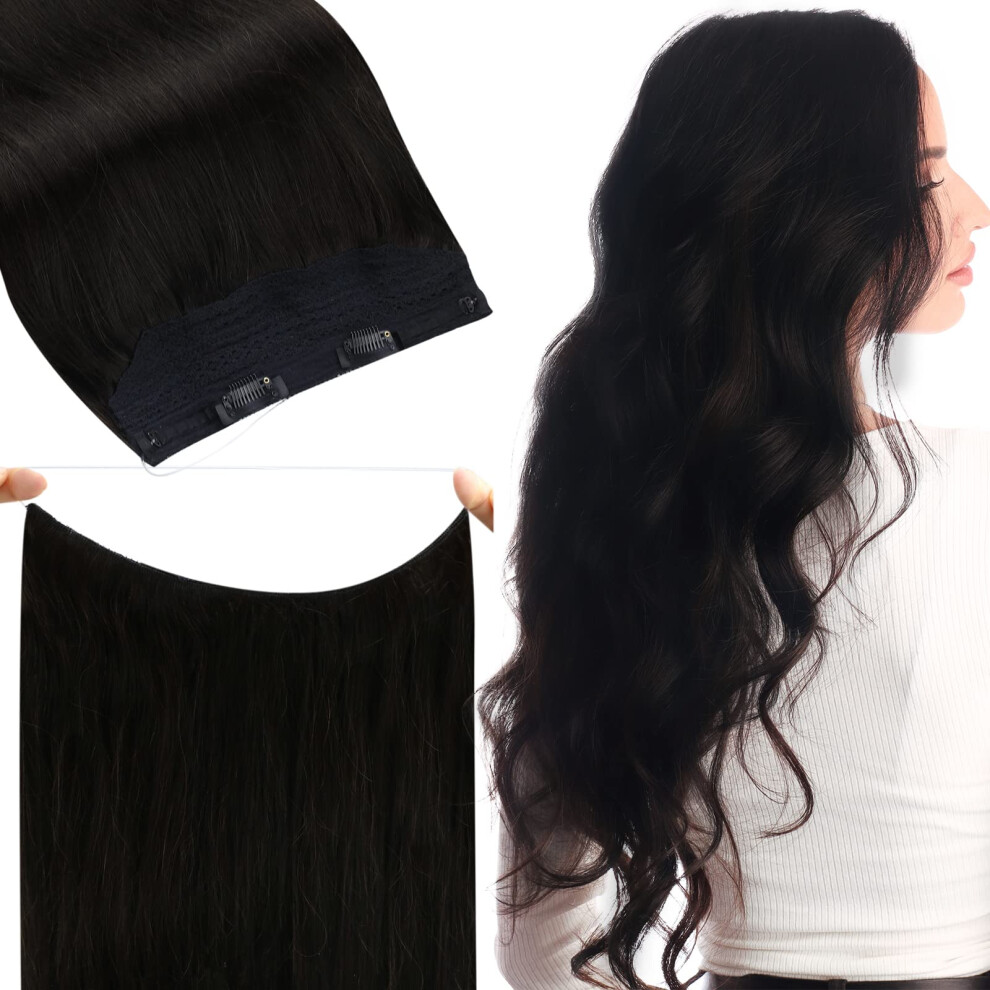 Invisible Wire Hair Extensions Human Hair 12 Inch Off Black Adjustable Secret Fish Line Hairpiece