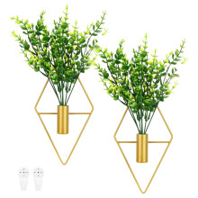Gold Geometric Wall Hanging Planters Set with Artificial Eucalyptus, Boho Metal Wall Vases for Home Decor