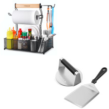 Large Grill Caddy with Utensil Holder and Stainless Steel Burger Press Kit for Outdoor Cooking