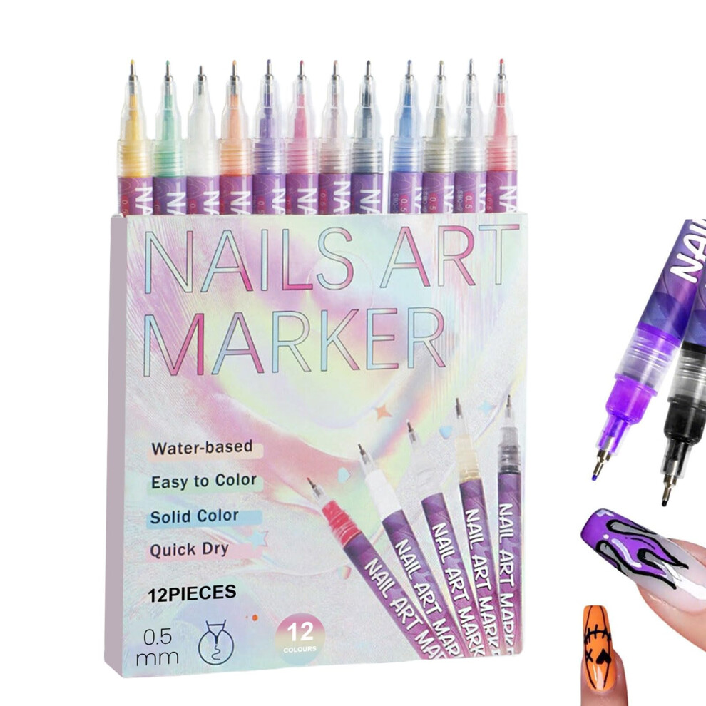 12 Colors Acrylic Nail Art Pens Set with Fine Precision Tip, Vibrant Colors Markers for Gel Nails