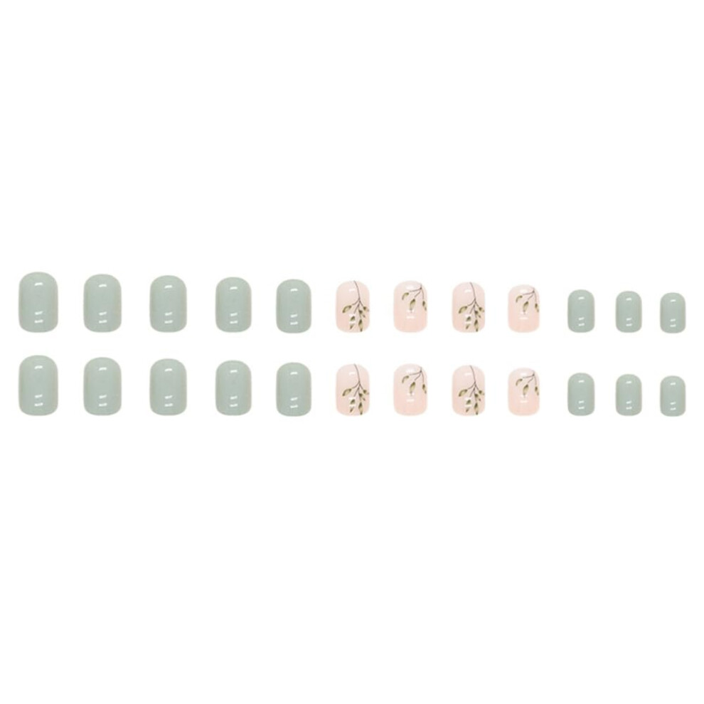 Green Press On Nails Set with Leaf Printed Design, Realistic Glossy Finish, Easy Peel Off Application