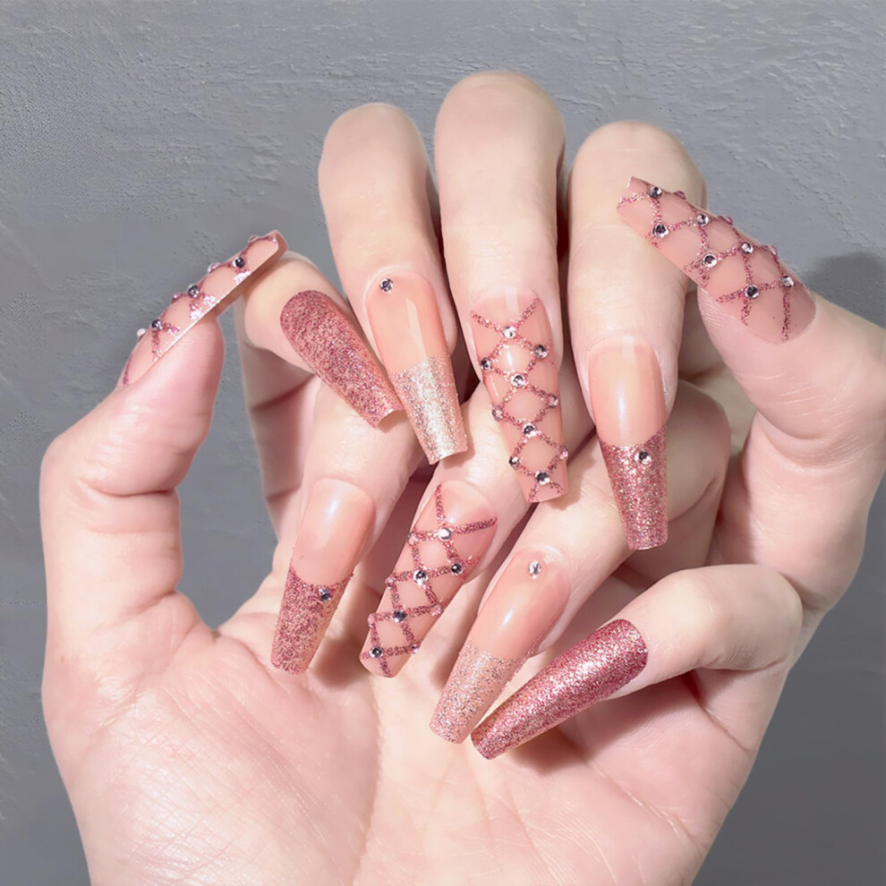 24pcs Glossy French Tip Press on Nails Long Square Fake Nails for Women Reusable Jelly Adhesive