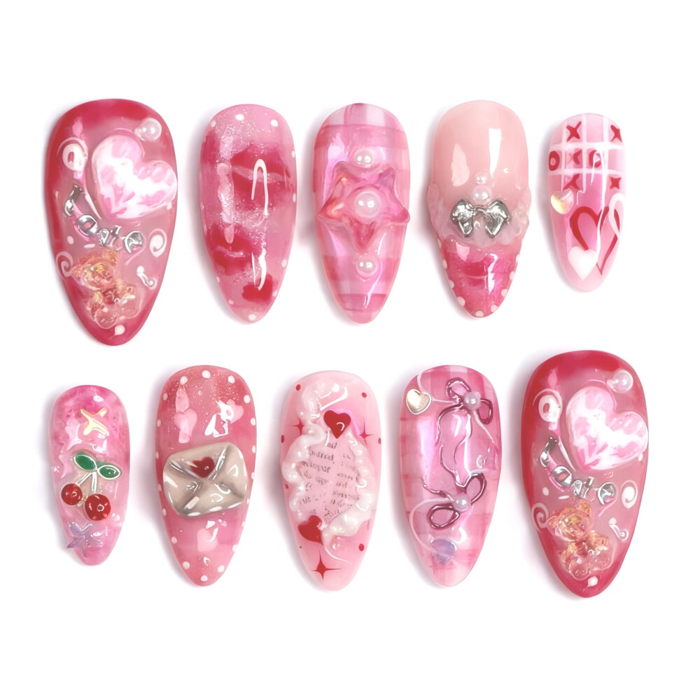 Valentine Press on Nails Almond Pink Fake Nails with Cherry Heart Design Reusable Medium Set 30Pcs