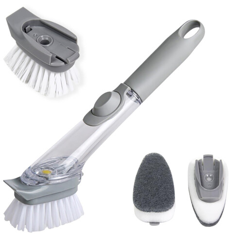 Soap Dispensing Dish Brush Set with LeakResistant Handle and Replaceable Sponge Heads for Kitchen Cleaning