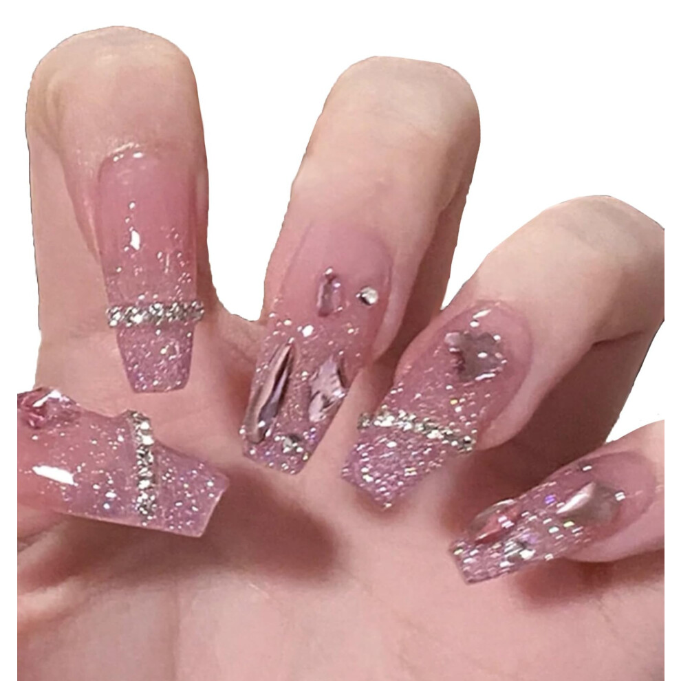 Pink Rhinestone Ombre Press On Nails 24Pcs Glossy Coffin Fake Nails Set With Instant Salon Finish