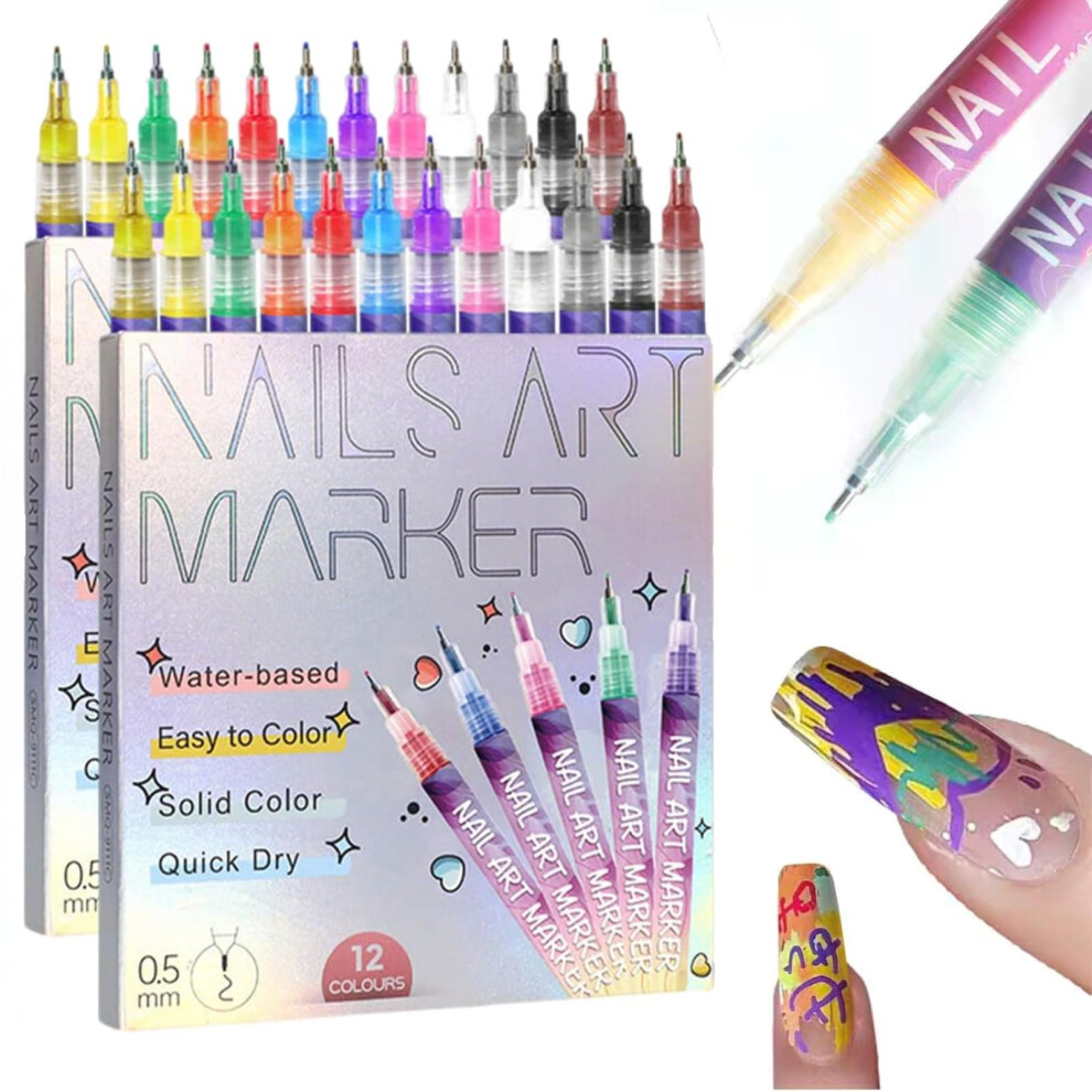 12 Colors Nail Art Pens Set with Precise 0.5mm Tip, Waterproof LongâLasting Shades for DIY Nail Design Painting (2 Set)