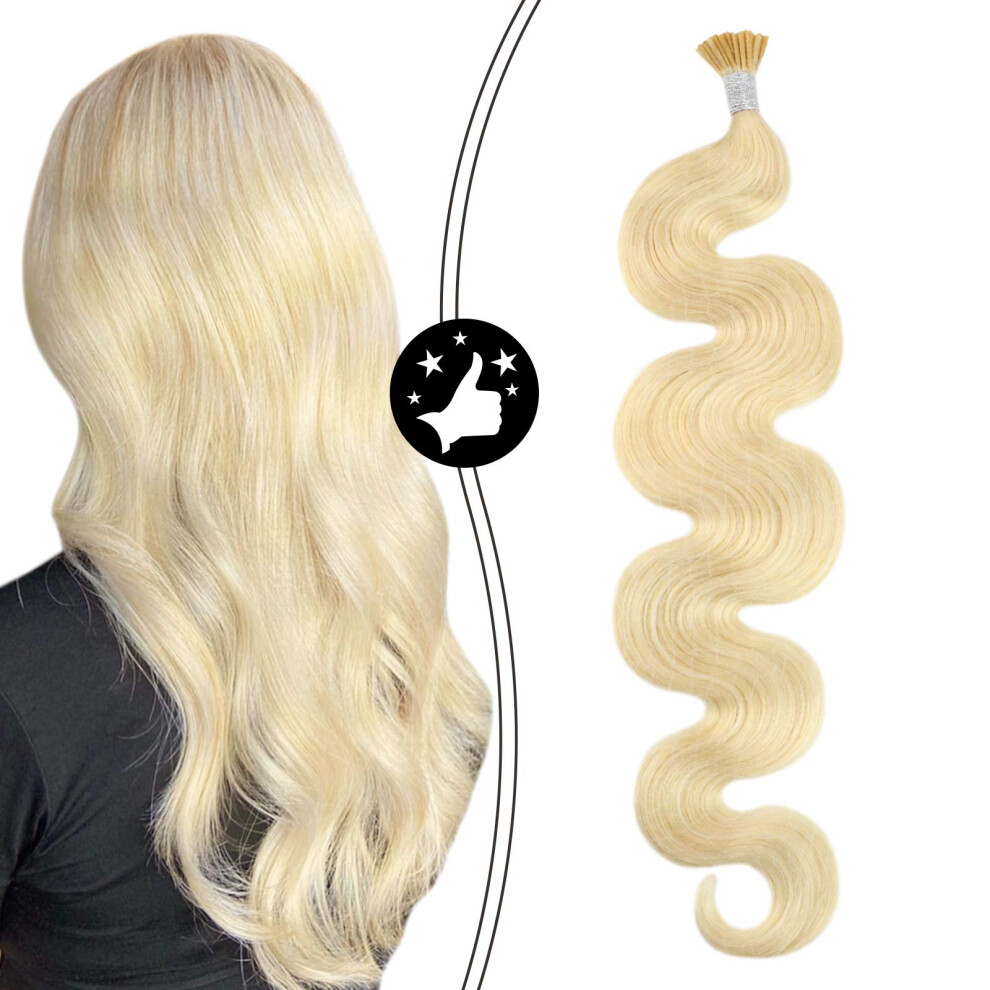 24 Inch I Tip Hair Extensions 100% Remy Human Hair Bleach Blonde #613 Wavy Cold Fusion 50s 40g