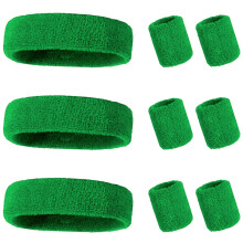 9 Pcs Sweatbands Set Green, Moisture Absorbing Cotton Elastic Retro 80s Wristbands and Headbands for Men and Women