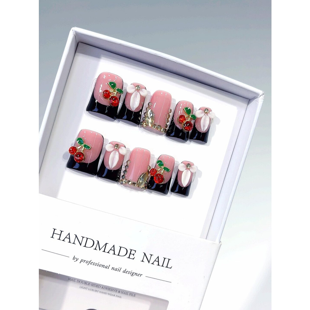 Pink,Black Pink And Black Stiletto Press On Nails Set, Handmade Resin False Nails With 3D Cherry Flower Rhinestones, Long Salon Style L228