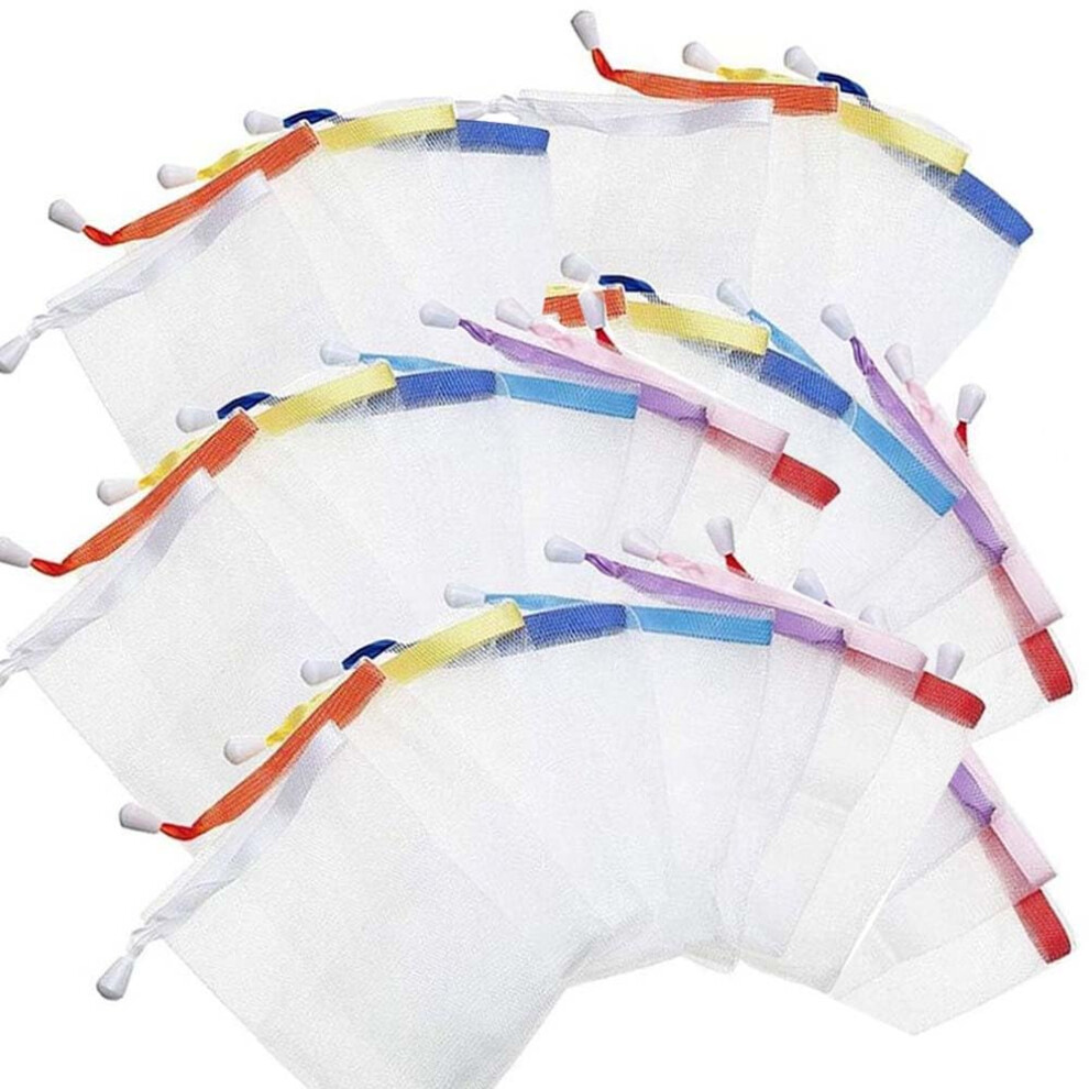 10Pcs Exfoliating Soap Saver Bag Nylon Mesh Foaming Pouch with Ribbon Drawstring and Hangable Lanyard
