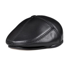 Men's Black Leather Flat Cap XXL 5960cm, Adjustable Metal Buckle, Warm Ear Protection, Breathable PU Leather