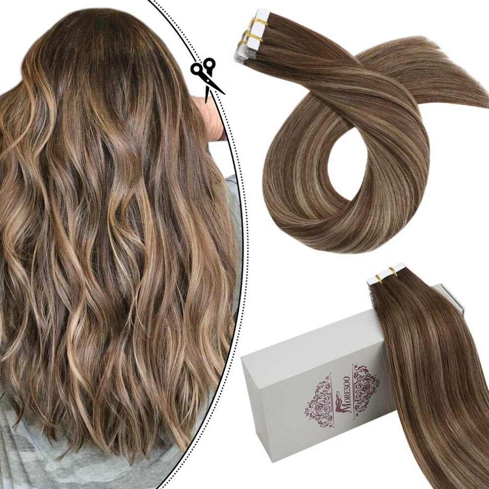 Unisex Brown 18 Inch To Blonde Tape In Hair Extensions Natural Remy Human Hair Seamless Blend 20Pcs