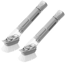 Dish Brush with Soap Dispenser Set, Press‑Button Soap Dispensing Kitchen Scrub Brush with Built‑in Scraper, Grey 2 Pack