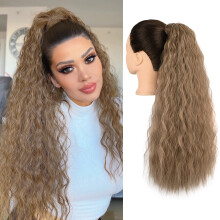 24 Inch Clip in Ponytail Extension Blonde 27/613 Wrap Around Wavy Curly Hairpiece for Women