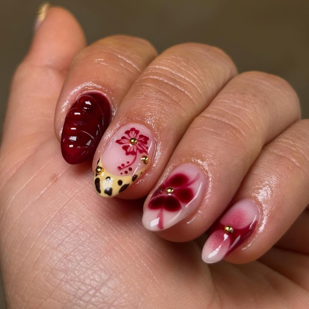 30Pcs Leopard Print French Tip Press on Nails for Women, Medium Almond Reusable Nail Kit