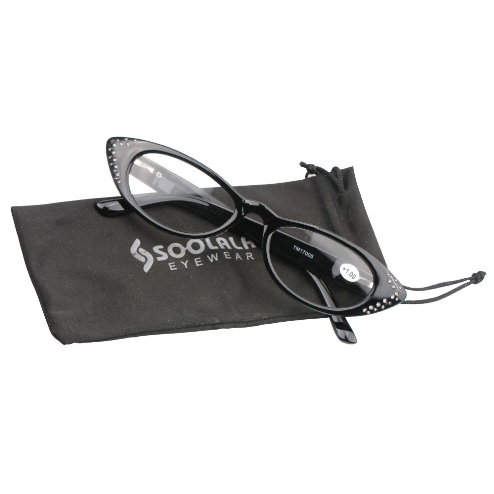 Rhinestone Cat Eye Reading Glasses for Women +1.25 Black Retro Fashion Lightweight 50mm Lens