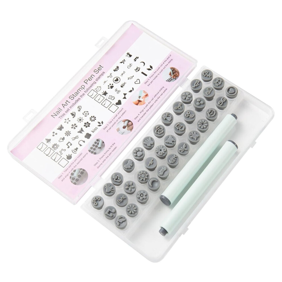 White 36Pcs Silicone Nail Art Stamp Pen With Flower Butterfly Patterns, Diy Nail Stamping Tool Kit For Women