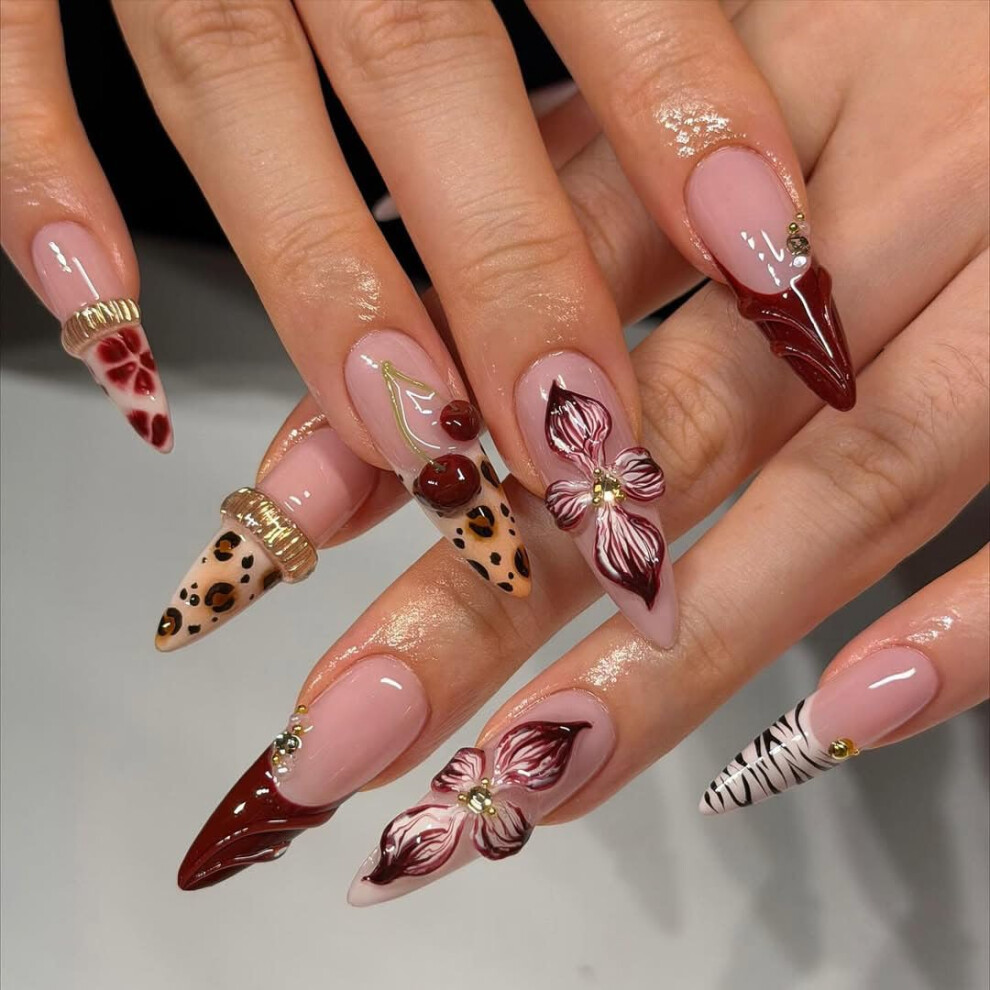 Long Red Floral Cherry Leopard Press On Nails Handmade Nail Set with Artistic LongLasting Gloss Finish