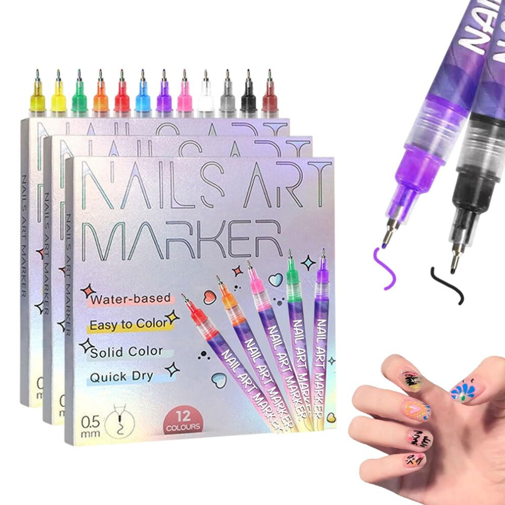 36 Colors Nail Art Pens Set 0.5mm Fine Tip, Smooth Ink Flow for DIY Manicure Drawing and Detailing