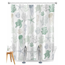 Split Shower Curtain for Transfer Bench 72x72 Green Marine Life Design with Dual Vertical Slits for Easy Bath Access