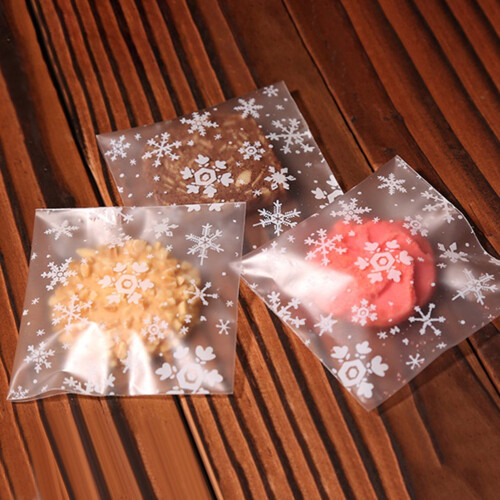 Sacchetti per biscotti trasparenti a forma di fiocco di neve, autoadesivi, 100 pezzi 2