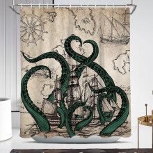 Vintage Octopus Shower Curtain 60 x 72 Nautical Ocean Theme Bathroom Decor with World Map Pirate Design