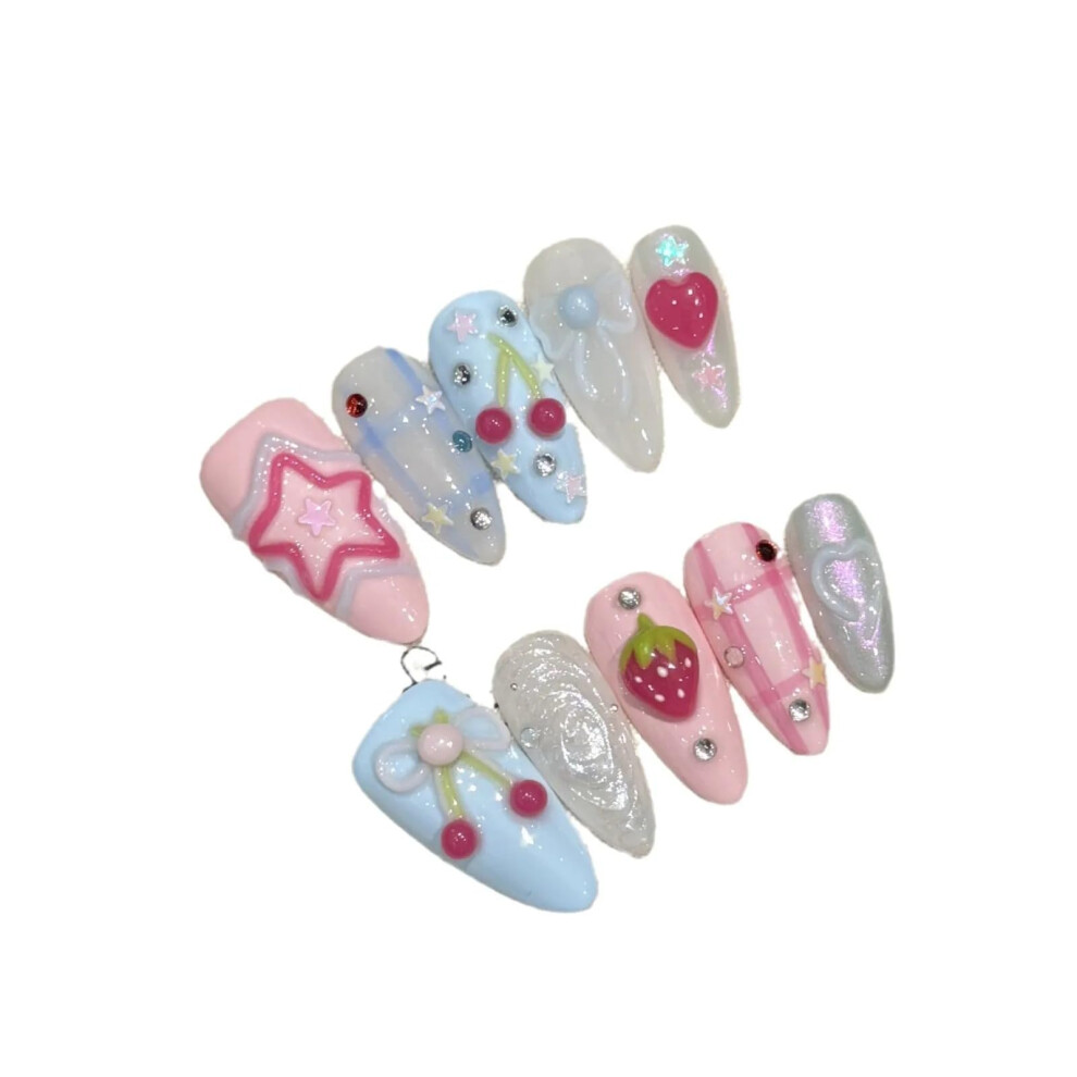 Blue,Pink Handmade Press On Nails Almond Shape Reusable Set With 3D Kawaii Cherry Heart Star Strawberry Designs Pink Blue False Nails For Women 10Pcs