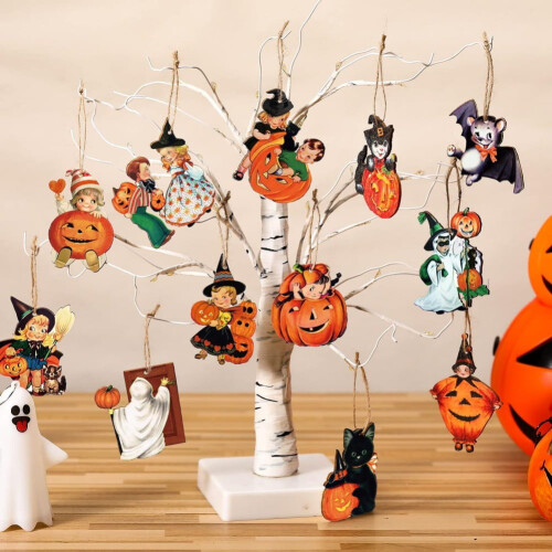 Træ Halloween ornamenter sæt Vintage 36 dele 1
