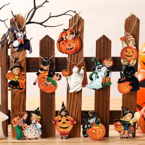 Træ Halloween ornamenter sæt Vintage 36 dele 2