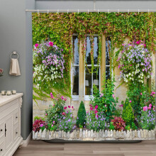 Stone Brick Wall Shower Curtain with Green Leaves Rustic Nature Design, Waterproof Bathroom Decor Set 70x80 Inch with Hooks