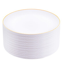 50Pcs Gold Plastic Plates 9 Inch White Plates with Elegant Gold Rim Disposable Dinnerware for Party and Wedding